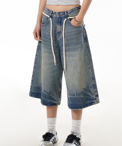 Summer Vintage Cracked Drawstring Denim Capris for Women - Loose Wide-Leg Distressed Shorts in American Style