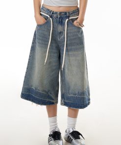Summer Vintage Cracked Drawstring Denim Capris for Women - Loose Wide-Leg Distressed Shorts in American Style