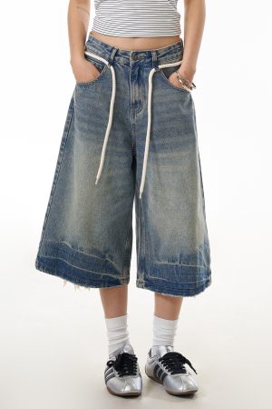 Summer Vintage Cracked Drawstring Denim Capris for Women - Loose Wide-Leg Distressed Shorts in American Style