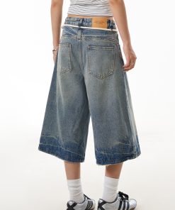 Summer Vintage Cracked Drawstring Denim Capris for Women - Loose Wide-Leg Distressed Shorts in American Style