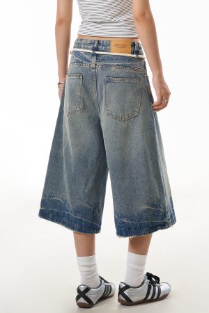 Summer Vintage Cracked Drawstring Denim Capris for Women - Loose Wide-Leg Distressed Shorts in American Style