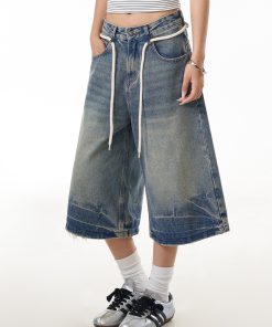 Summer Vintage Cracked Drawstring Denim Capris for Women - Loose Wide-Leg Distressed Shorts in American Style
