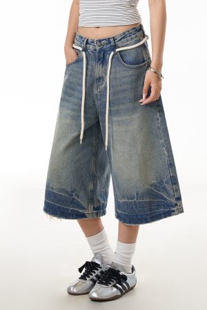 Summer Vintage Cracked Drawstring Denim Capris for Women - Loose Wide-Leg Distressed Shorts in American Style