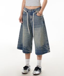 Summer Vintage Cracked Drawstring Denim Capris for Women - Loose Wide-Leg Distressed Shorts in American Style