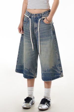 Summer Vintage Cracked Drawstring Denim Capris for Women - Loose Wide-Leg Distressed Shorts in American Style