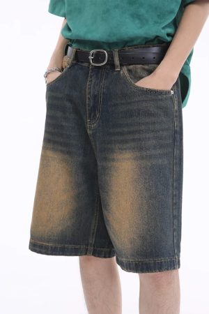 Summer Vintage Washed Dark Blue Denim Shorts - Distressed Loose Casual Straight-Leg Five-Point Style
