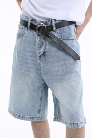 Summer Vintage Washed Dark Blue Denim Shorts - Distressed Loose Casual Straight-Leg Five-Point Style