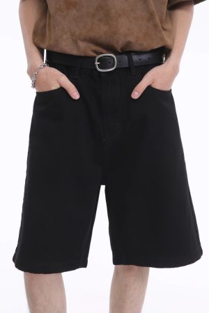 Summer Vintage Washed Dark Blue Denim Shorts - Distressed Loose Casual Straight-Leg Five-Point Style