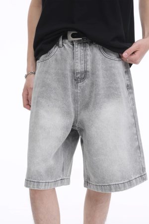 Summer Vintage Washed Dark Blue Denim Shorts - Distressed Loose Casual Straight-Leg Five-Point Style