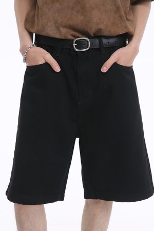 Summer Vintage Washed Dark Blue Denim Shorts - Distressed Loose Casual Straight-Leg Five-Point Style