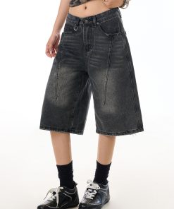 Summer Water Washed Deconstructed Straight-Leg Seven-Point Jeans for Women - Vintage Inspired Mid-Length Wide-Leg Shorts