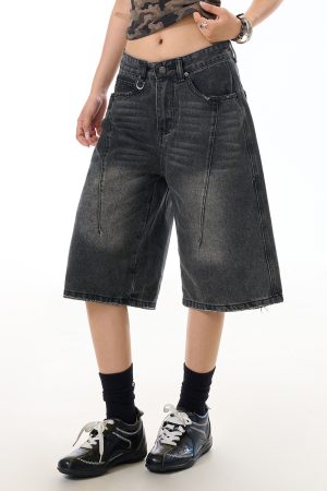 Summer Water Washed Deconstructed Straight-Leg Seven-Point Jeans for Women - Vintage Inspired Mid-Length Wide-Leg Shorts