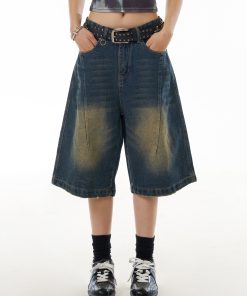Summer Water Washed Deconstructed Straight-Leg Seven-Point Jeans for Women - Vintage Inspired Mid-Length Wide-Leg Shorts