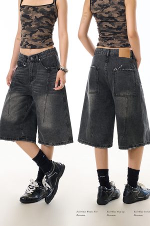 Summer Water Washed Deconstructed Straight-Leg Seven-Point Jeans for Women - Vintage Inspired Mid-Length Wide-Leg Shorts