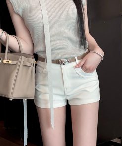 Summer White Bodycon Casual High Waist Shorts for Women with Belt - Petite Hot Pants for Trendy Summer Style