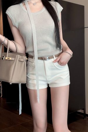 Summer White Bodycon Casual High Waist Shorts for Women with Belt - Petite Hot Pants for Trendy Summer Style