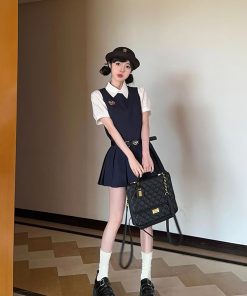 Summer Women's College Style Two-Piece Set with White Short-Sleeve Shirt, Sleeveless Vest, Pleated Skirt, and Dress