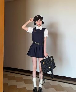 Summer Women's College Style Two-Piece Set with White Short-Sleeve Shirt, Sleeveless Vest, Pleated Skirt, and Dress