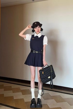 Summer Women's College Style Two-Piece Set with White Short-Sleeve Shirt, Sleeveless Vest, Pleated Skirt, and Dress