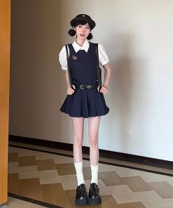 Summer Women's College Style Two-Piece Set with White Short-Sleeve Shirt, Sleeveless Vest, Pleated Skirt, and Dress