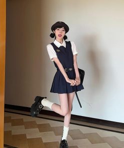 Summer Women's College Style Two-Piece Set with White Short-Sleeve Shirt, Sleeveless Vest, Pleated Skirt, and Dress