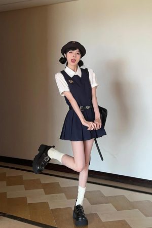 Summer Women's College Style Two-Piece Set with White Short-Sleeve Shirt, Sleeveless Vest, Pleated Skirt, and Dress
