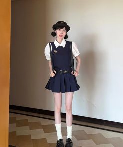 Summer Women's College Style Two-Piece Set with White Short-Sleeve Shirt, Sleeveless Vest, Pleated Skirt, and Dress