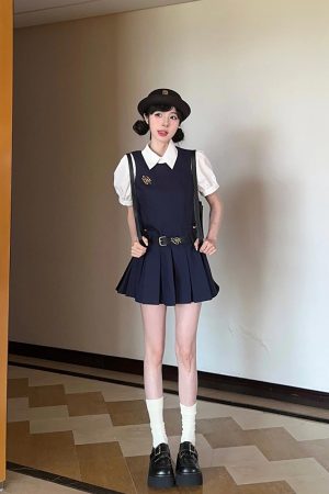 Summer Women's College Style Two-Piece Set with White Short-Sleeve Shirt, Sleeveless Vest, Pleated Skirt, and Dress
