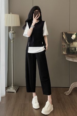 Summer Women's Two-Piece Set - Slim-Fit Short Sleeve Top & Seven-Point Pants, Minimalist Lazy Style, Age-Reducing Design