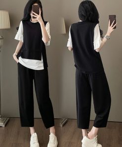 Summer Women's Two-Piece Set - Slim-Fit Short Sleeve Top & Seven-Point Pants, Minimalist Lazy Style, Age-Reducing Design
