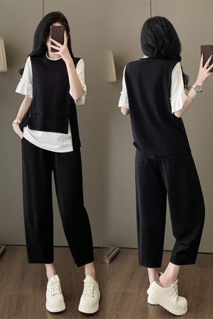 Summer Women's Two-Piece Set - Slim-Fit Short Sleeve Top & Seven-Point Pants, Minimalist Lazy Style, Age-Reducing Design