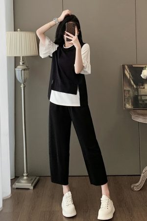 Summer Women's Two-Piece Set - Slim-Fit Short Sleeve Top & Seven-Point Pants, Minimalist Lazy Style, Age-Reducing Design