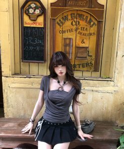 Summer Women's Two-Piece Slim Fit French T-Shirt with Shoulder Design - Waist-Defining Short Sleeve Top