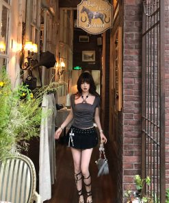 Summer Women's Two-Piece Slim Fit French T-Shirt with Shoulder Design - Waist-Defining Short Sleeve Top