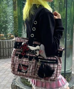 Sunlight Pink Plaid Tote Bag Y2K Large Capacity Crossbody Shoulder Bag with Chain - Gothic Commuter Style