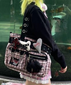 Sunlight Pink Plaid Tote Bag Y2K Large Capacity Crossbody Shoulder Bag with Chain - Gothic Commuter Style