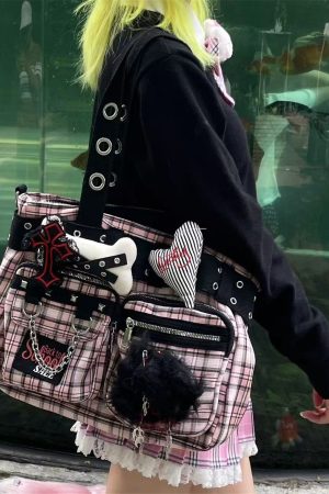 Sunlight Pink Plaid Tote Bag Y2K Large Capacity Crossbody Shoulder Bag with Chain - Gothic Commuter Style