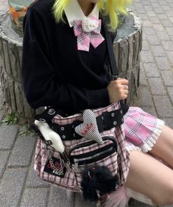 Sunlight Pink Plaid Tote Bag Y2K Large Capacity Crossbody Shoulder Bag with Chain - Gothic Commuter Style