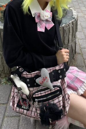 Sunlight Pink Plaid Tote Bag Y2K Large Capacity Crossbody Shoulder Bag with Chain - Gothic Commuter Style