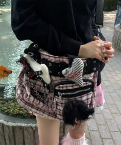 Sunlight Pink Plaid Tote Bag Y2K Large Capacity Crossbody Shoulder Bag with Chain - Gothic Commuter Style