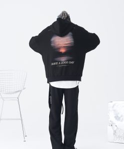 Sunset Landscape Photography Fleece Hoodie for Men - Trendy Casual Streetwear, Loose Fit, Cool Urban Style