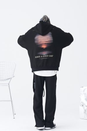 Sunset Landscape Photography Fleece Hoodie for Men - Trendy Casual Streetwear, Loose Fit, Cool Urban Style