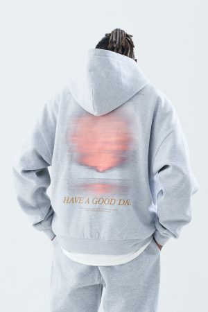 Sunset Landscape Photography Fleece Hoodie for Men - Trendy Casual Streetwear, Loose Fit, Cool Urban Style