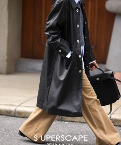 Sustainable Eco-Friendly Leather Mid-Length Coat with Metal Buckle and H-Type Lapel for 23AW Fashion