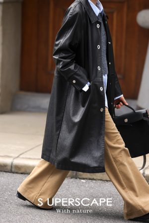 Sustainable Eco-Friendly Leather Mid-Length Coat with Metal Buckle and H-Type Lapel for 23AW Fashion