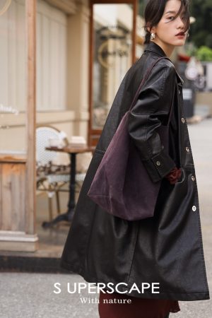 Sustainable Eco-Friendly Leather Mid-Length Coat with Metal Buckle and H-Type Lapel for 23AW Fashion