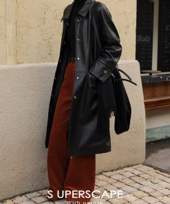 Sustainable Eco-Friendly Leather Mid-Length Coat with Metal Buckle and H-Type Lapel for 23AW Fashion