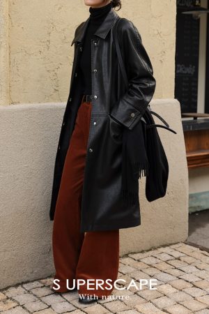 Sustainable Eco-Friendly Leather Mid-Length Coat with Metal Buckle and H-Type Lapel for 23AW Fashion