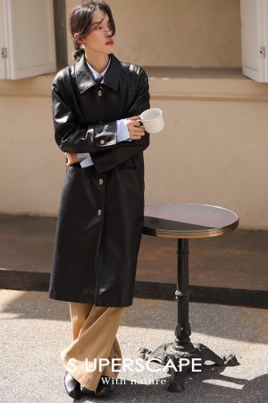 Sustainable Eco-Friendly Leather Mid-Length Coat with Metal Buckle and H-Type Lapel for 23AW Fashion