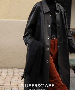 Sustainable Eco-Friendly Leather Mid-Length Coat with Metal Buckle and H-Type Lapel for 23AW Fashion